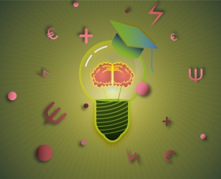 Grafik einer Glühbirne mit Doktorhut umegeben von griechischen Buchstaben